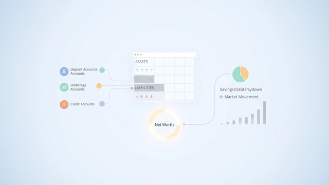 An abstract digital graphic features interconnected geometric shapes with soft gradients, illustrating the seamless data flow for a dynamic net worth calculator that organizes assets and liabilities.