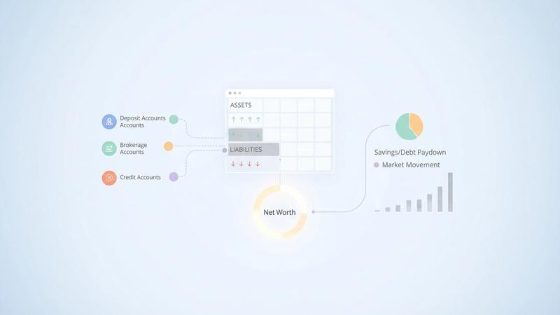An abstract digital graphic features interconnected geometric shapes with soft gradients, illustrating the seamless data flow for a dynamic net worth calculator that organizes assets and liabilities.