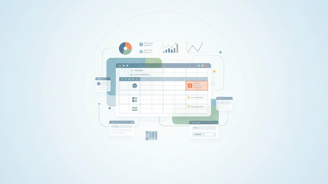 A minimalist abstract design displays interconnected geometric data blocks in soft gradients, flowing into dynamic visual charts, illustrating a comprehensive stock control spreadsheet system.