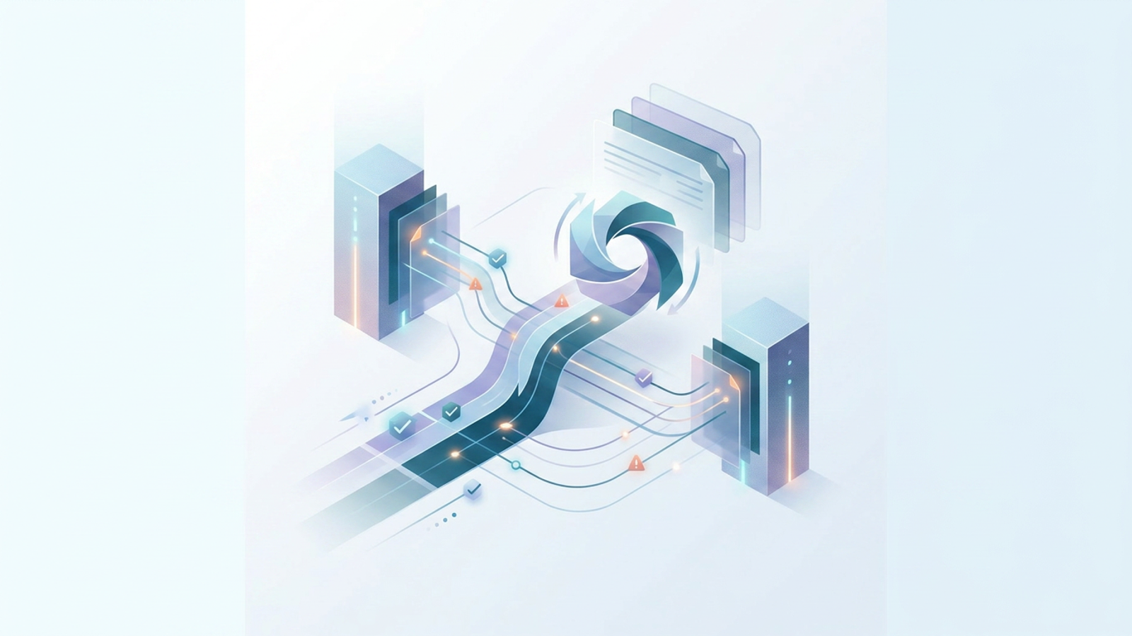 An abstract, modern SaaS graphic with layered semi-translucent geometric grids, soft purple and teal gradients, and converging data lines that illustrate tools for accuracy in payment transaction reporting.