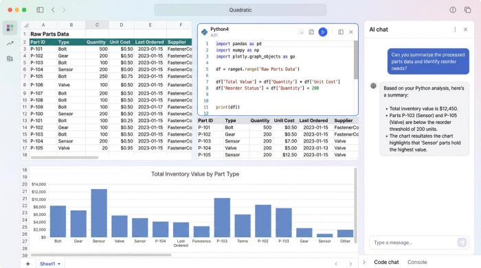 A stylized interface showing a spreadsheet grid with parts data, a Python code block, and charts. The image conveys the idea of code and data working together in one place.
