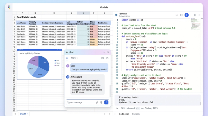 A spreadsheet combining a data table of real estate leads with a column containing Python code used for automating follow-up suggestions.