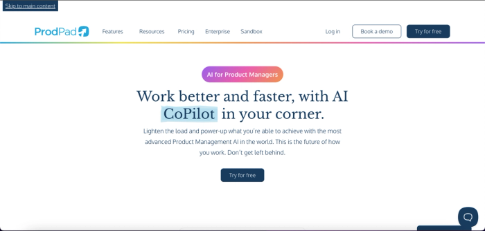 Prodpad Copilot homepage.