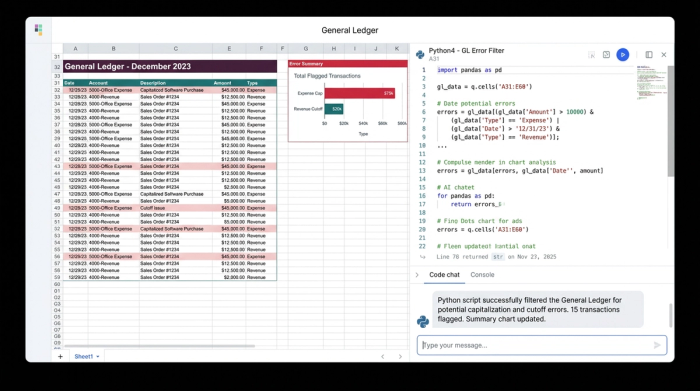 A split view showing a code editor with a SQL query on the left, a large data table in the center with certain rows highlighted, and a summary chart on the right.