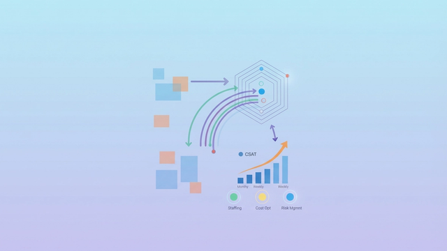 An abstract, modern hero image features layered geometric shapes and subtle data pathways, with soft gradients, illustrating the structured analysis of fluctuating data for comprehensive csat analytics and executive insights.
