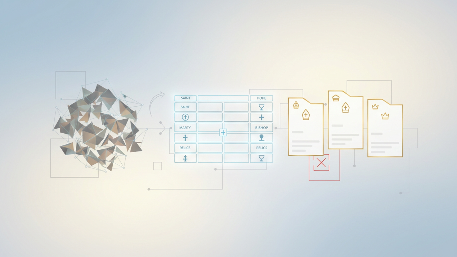 A minimalist abstract illustration features interconnected geometric shapes and subtle gradients, representing the precise categorization and assignment of ecclesiastical titles within a structured dataset.
