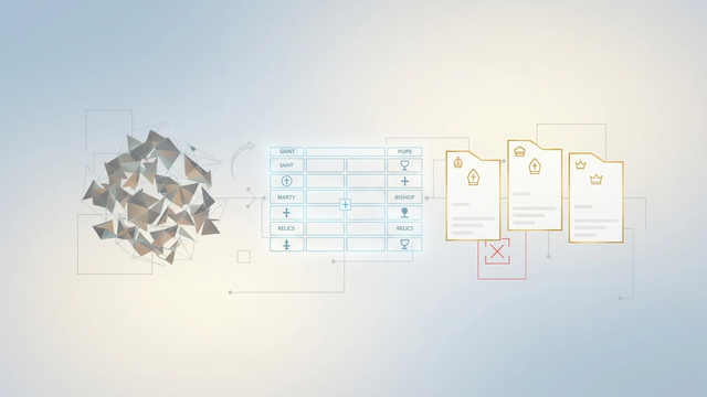 A minimalist abstract illustration features interconnected geometric shapes and subtle gradients, representing the precise categorization and assignment of ecclesiastical titles within a structured dataset.