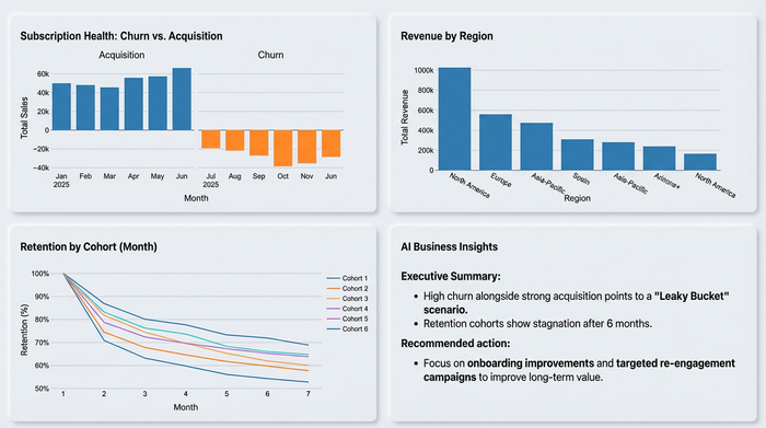 A clean dashboard view with four distinct charts, summarizing key business metrics like churn, retention, and revenue across different segments.
