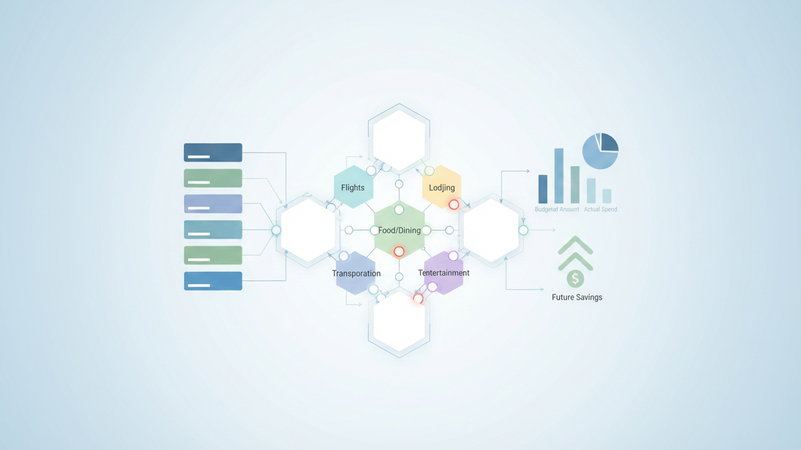 A minimalist abstract composition of overlapping geometric forms and subtle gradient lines, representing financial data streams being categorized and compared within a dynamic vacation tracker dashboard.