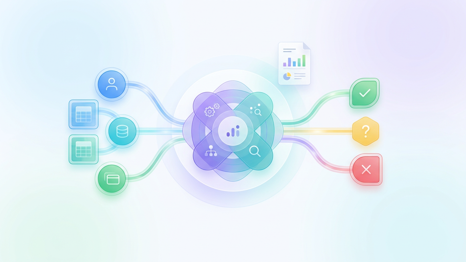 Abstract geometric shapes and interconnected glowing nodes float above a clean, minimalist grid in soft blue and purple gradients, representing structured data flows for microfinance management.