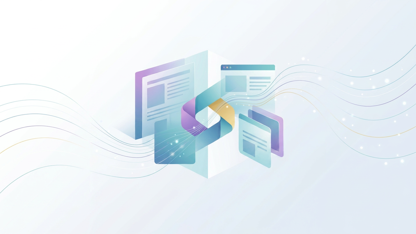 An abstract, minimalist SaaS-style composition of layered translucent panels, connecting data nodes, and soft color gradients showcasing structured retail media analytics.