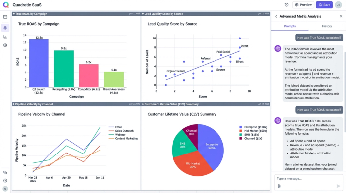 A dashboard displaying four charts that visualize custom business metrics. The charts show True Return on Ad Spend (ROAS) by campaign, Lead Quality Score by marketing source, Pipeline Velocity, and Customer Lifetime Value.