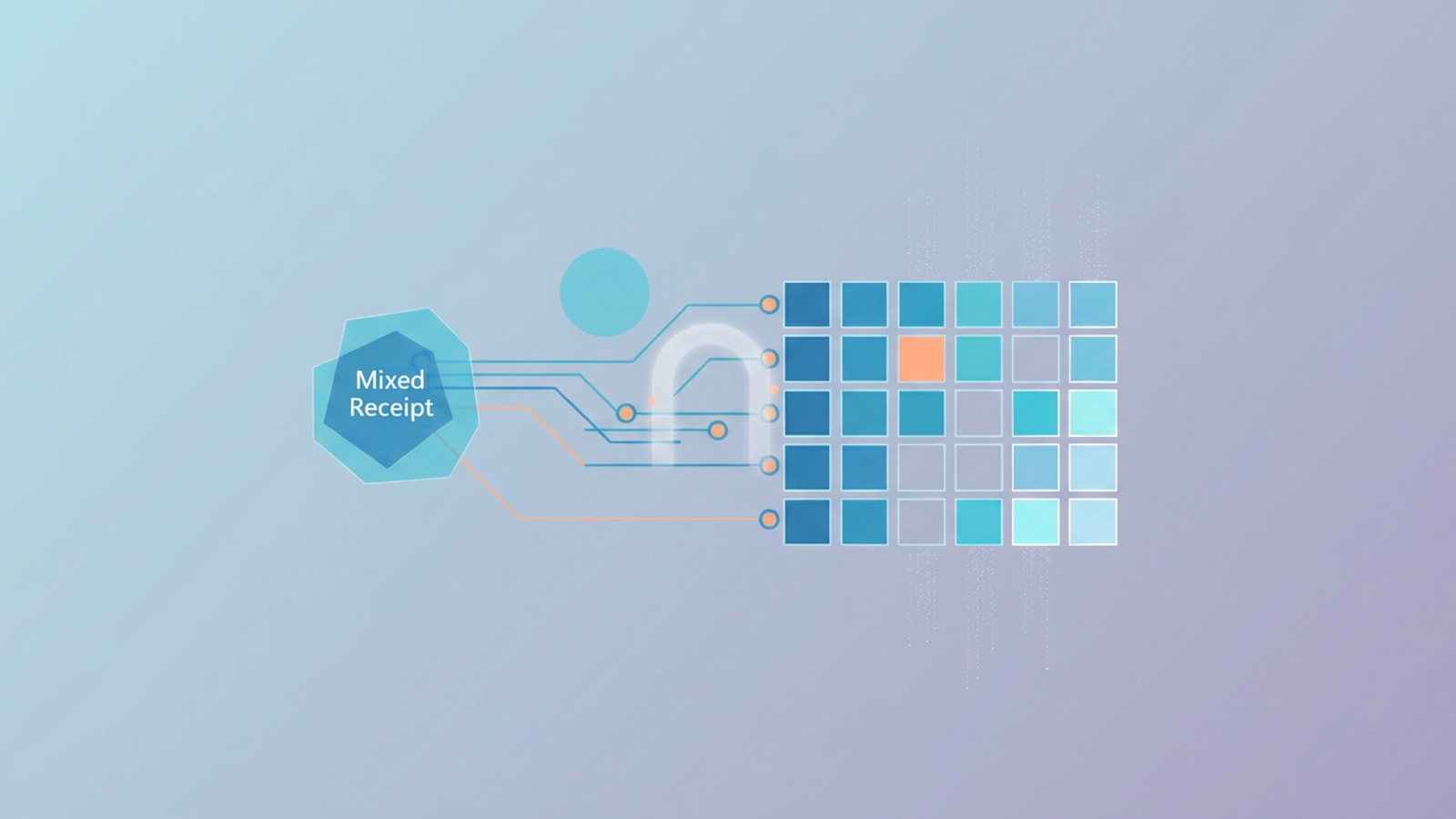 An abstract, modern composition of soft gradient geometric shapes and subtle connecting lines, where a central element precisely divides, illustrating the meticulous process of splitting transactions into distinct financial categories.