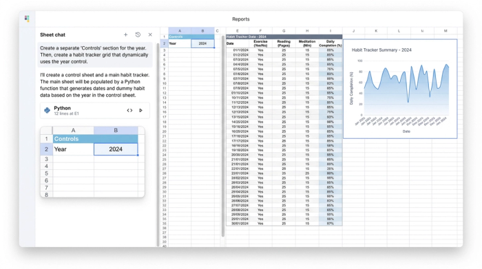 An abstract spreadsheet layout showing a control panel on the left containing the year '2024'. A larger data grid and a chart on the right represent the habit tracker, showing it is dynamically linked to the control panel.