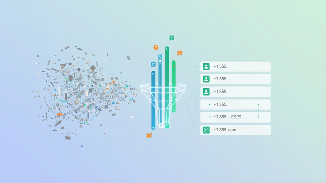 An abstract, modern composition features scattered, unorganized geometric forms flowing into a structured grid, representing a phone number extractor streamlining messy contact data.
