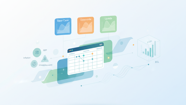 An abstract, modern composition with interconnected geometric shapes and soft gradient lines that delineate the dynamic data flow and complex structure of a current expected credit loss model.