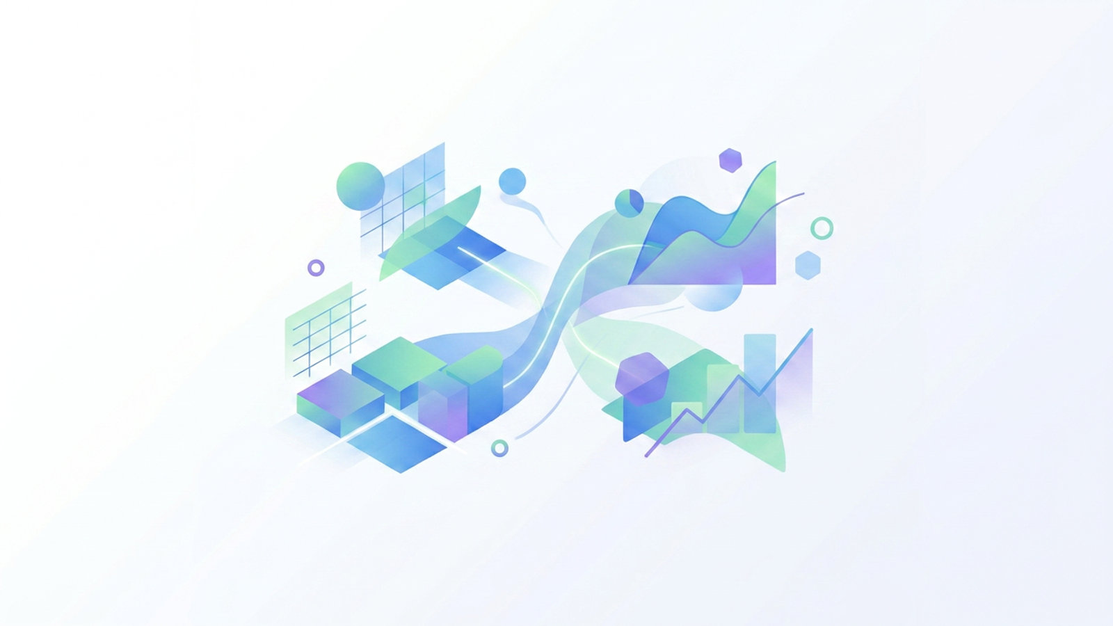 A minimal abstract illustration of layered geometric panels, glowing data nodes, and ascending line graphs over a soft gradient background, symbolizing the structured workflow of financial analysis for stocks.
