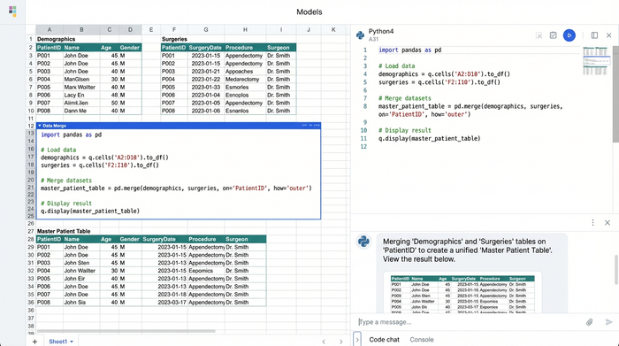 A workspace view showing a Python code cell next to multiple data tables. The code merges the tables, and the result is a new, unified table that combines columns from the originals.