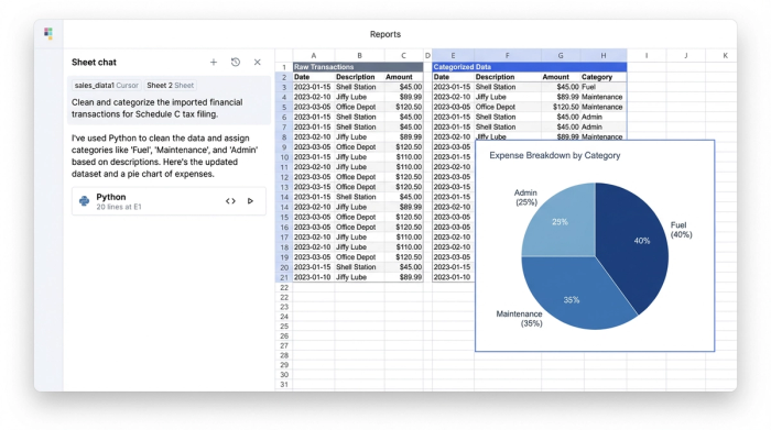 An interface showing a table of expenses being categorized into groups like Fuel and Maintenance, with a pie chart visualizing the spending breakdown. An AI chat window is on the left.
