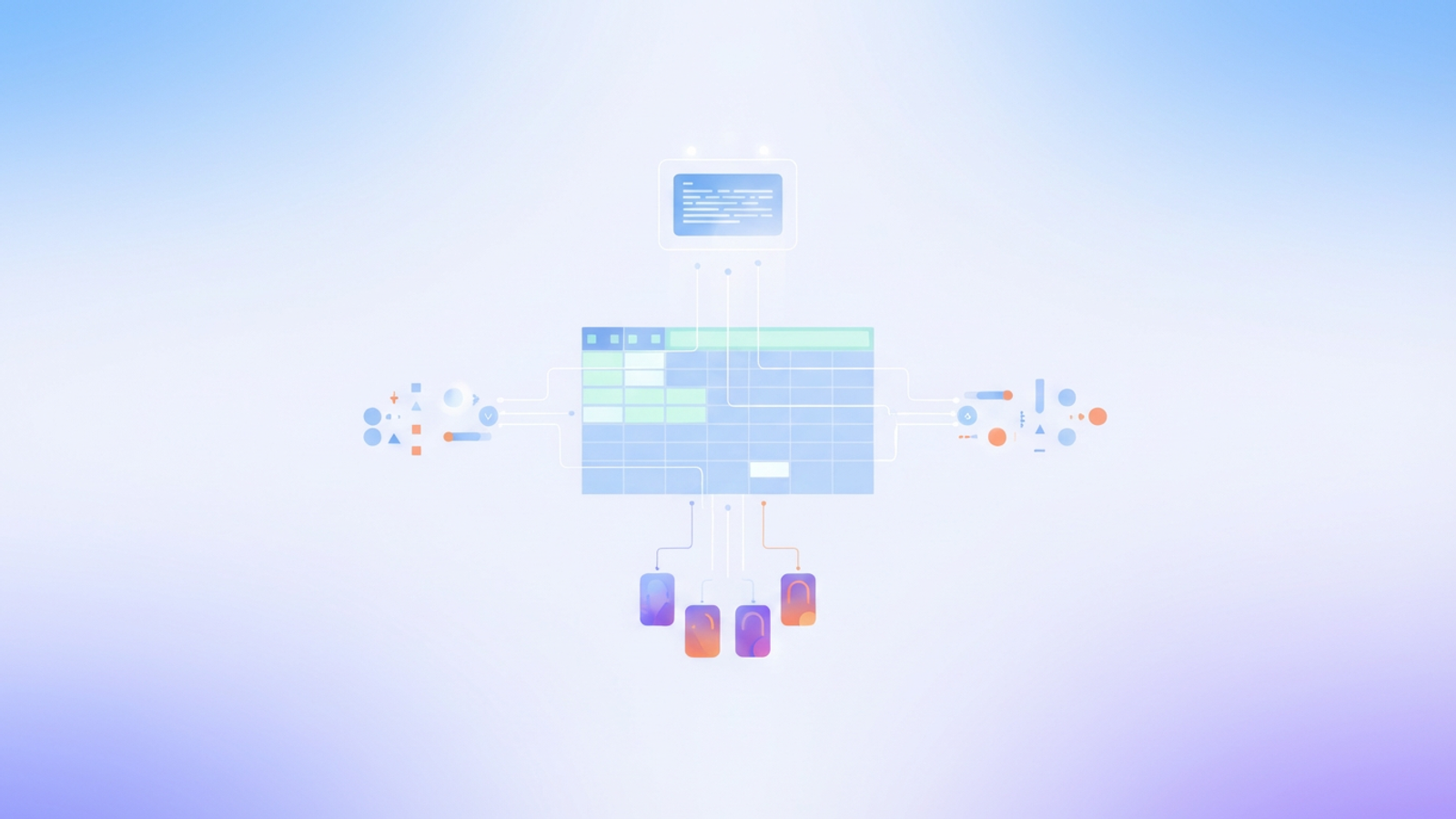 A minimalist abstract image features interconnected geometric blocks and subtle data lines flowing through a soft gradient grid, representing organized ecommerce product data management.