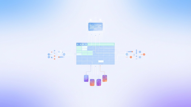 A minimalist abstract image features interconnected geometric blocks and subtle data lines flowing through a soft gradient grid, representing organized ecommerce product data management.