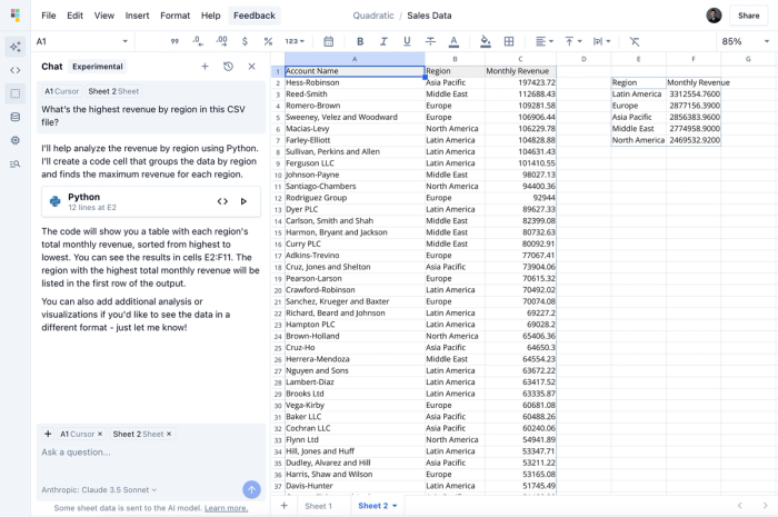 Getting CSV file insights with Quadratic AI.