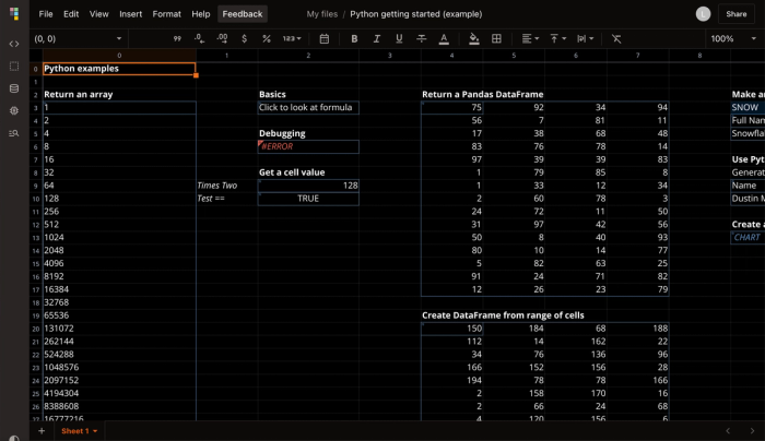 Image of Quadratic spreadsheet with dark mode enabled.