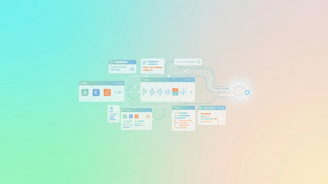 An abstract hero image presents a clean arrangement of overlapping geometric forms in soft gradients, subtly hinting at interconnected data structures for organizing comprehensive tutoring English lesson plans and exam board specifications.