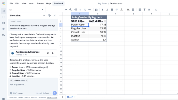 AI product manager data analysis in Quadratic.