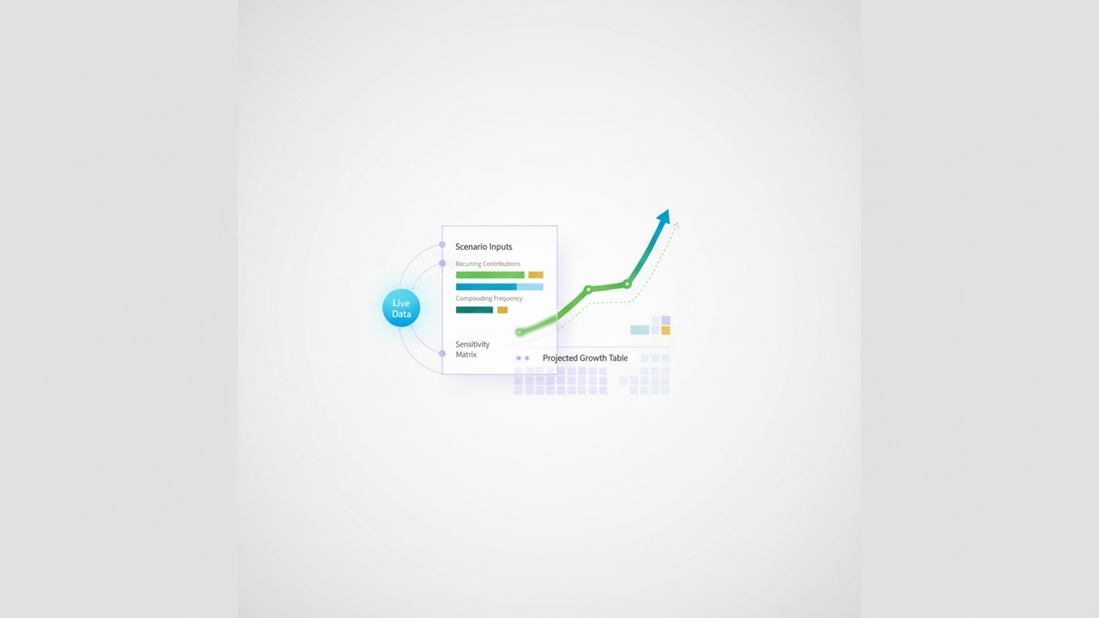 An abstract composition of layered geometric shapes with soft, upward-sweeping gradients conveys dynamic financial modeling and structured data growth for a compound interest calculator.