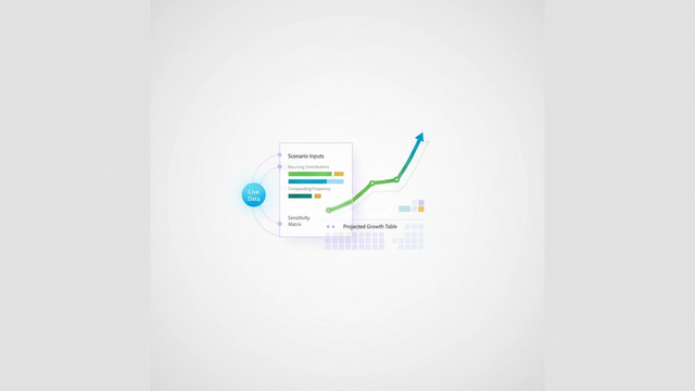 An abstract composition of layered geometric shapes with soft, upward-sweeping gradients conveys dynamic financial modeling and structured data growth for a compound interest calculator.