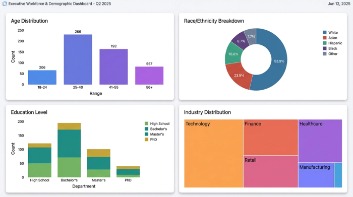 A clean, minimalist dashboard layout with four bar charts showing workforce demographic data for Age, Race, Education, and Industry.