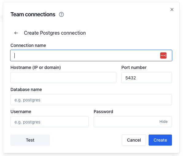 Entering in your Postgres database connection information.