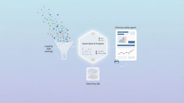 A minimalist abstract composition features soft gradient geometric forms connected by subtle data pathways, illustrating the analytical journey of a digital blood pressure log.