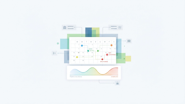 An abstract design of soft gradient geometric shapes and subtle grid lines illustrates the dynamic organization of a personal cash flow calendar.