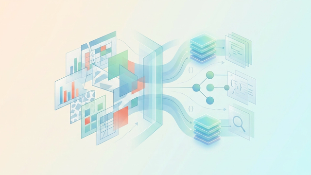 An abstract geometric composition of layered translucent grids, clean intersecting lines, and soft color gradients that symbolize organized data flow and master data integrity.