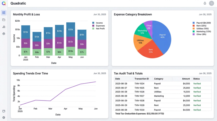 A clean dashboard with four charts: a pie chart of expenses by category, a bar chart of monthly profit, a line chart showing income vs. expenses over time, and a table with top expense categories.
