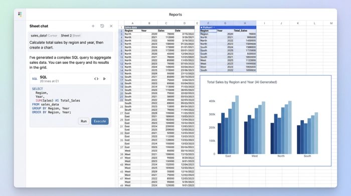 An interface showing an AI chat on the left, a data grid in the middle, and a bar chart on the right, demonstrating an AI prompt leading to a data visualization.
