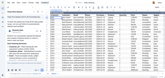 Data cleaning in Quadratic.