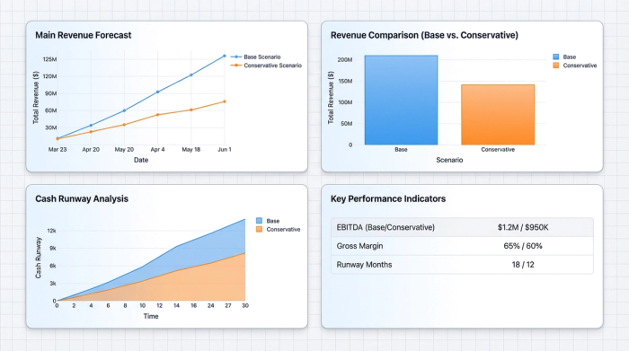 A clean dashboard layout with four charts showing a revenue forecast, a scenario comparison bar chart, a cash runway projection, and key business KPIs.