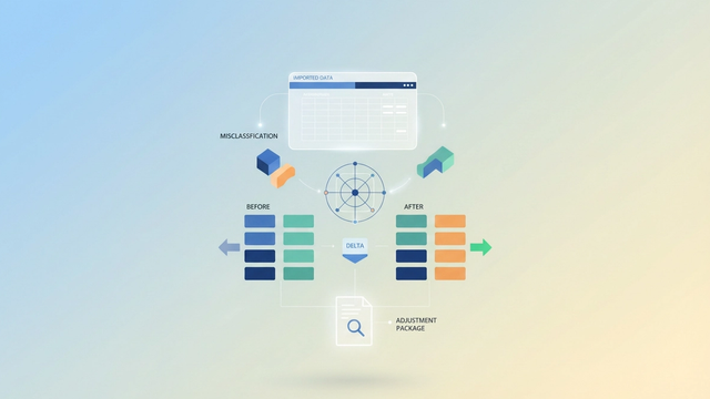 An abstract composition of interconnected geometric shapes in muted tones, depicting a structured data flow used to identify and correct prior year accounting errors and reconcile financial discrepancies.