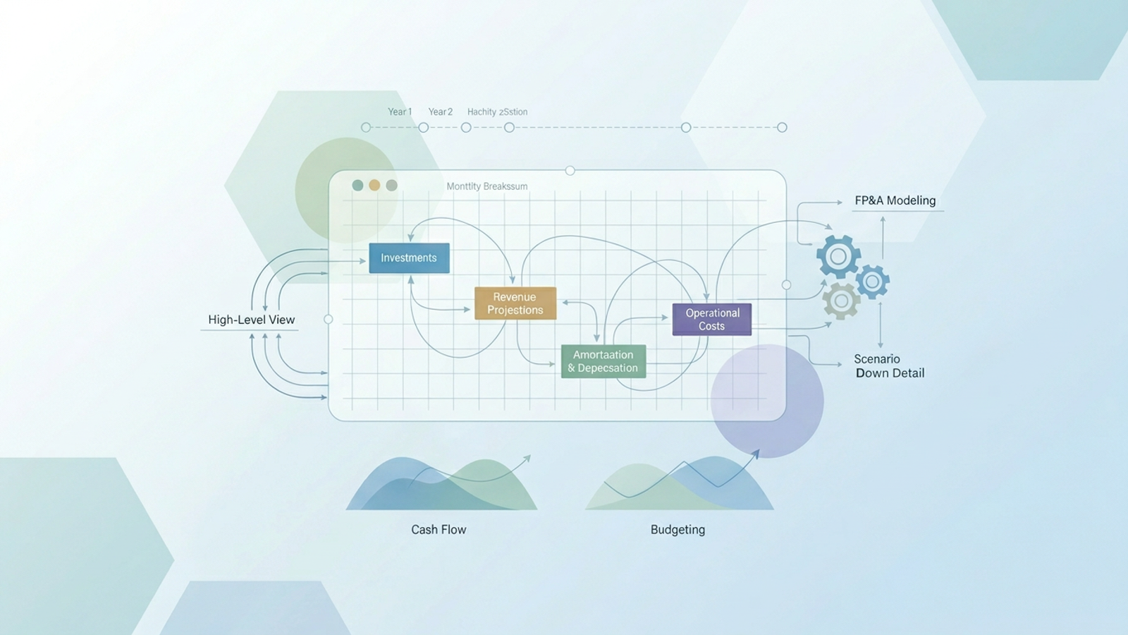 A modern abstract composition of interlocking geometric shapes and soft, flowing gradients depicts the structured financial data and interconnected models crucial for spa financing and resort project budgeting.