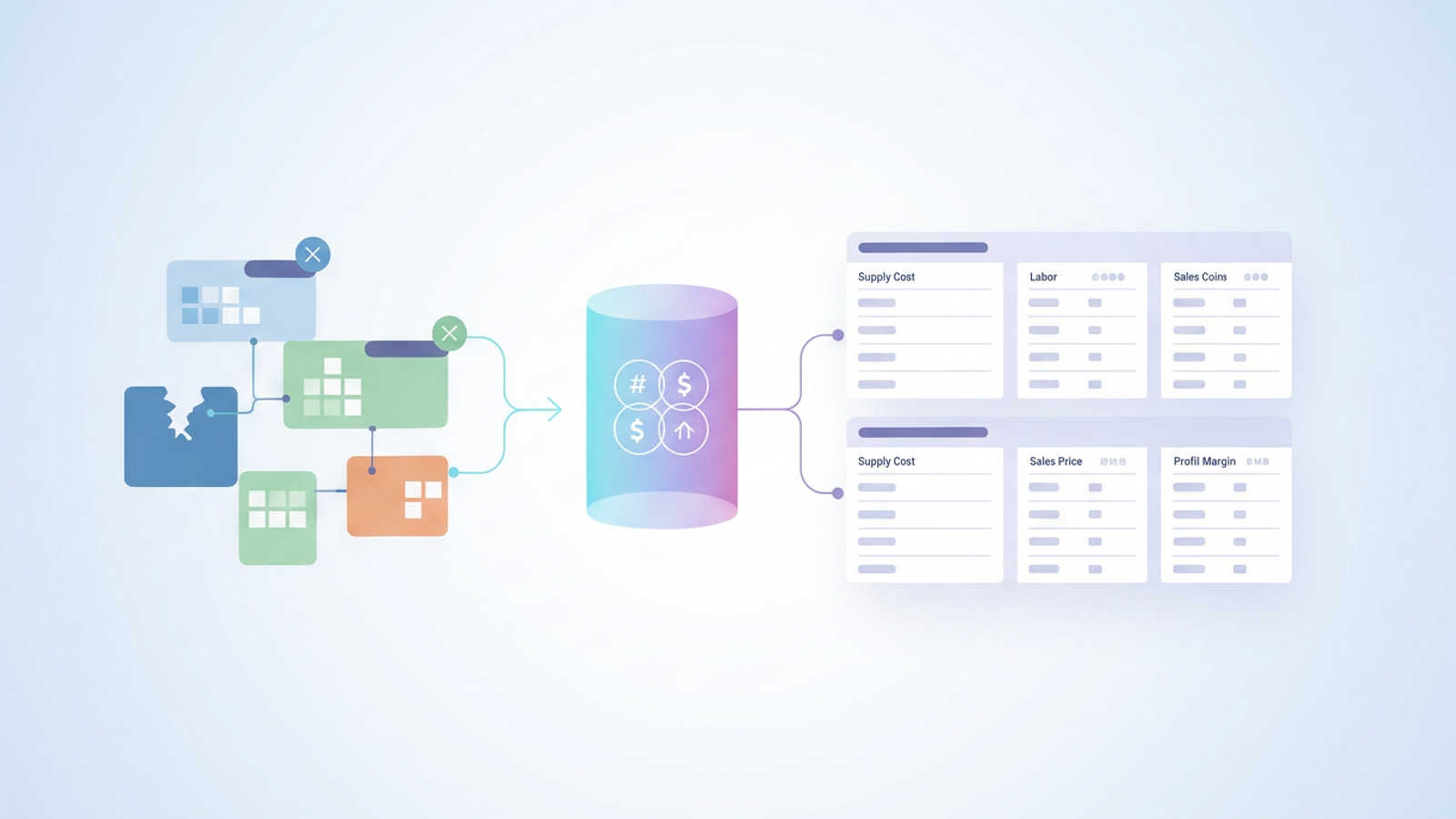 An abstract illustration with layered geometric shapes and soft gradients depicts the organized flow of clean data, ensuring accurate recipe costing and structured financial integrity across multiple sheets.