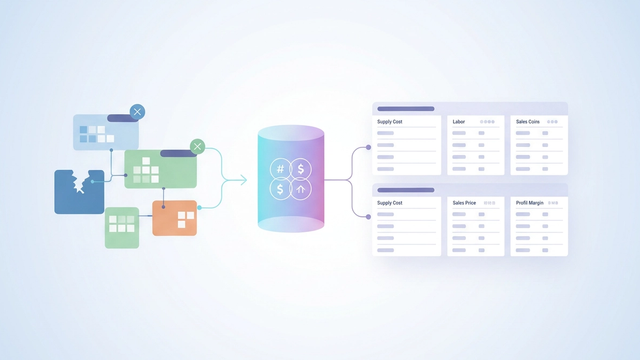 An abstract illustration with layered geometric shapes and soft gradients depicts the organized flow of clean data, ensuring accurate recipe costing and structured financial integrity across multiple sheets.