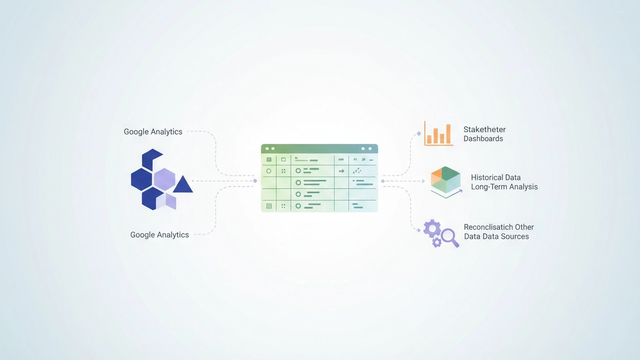 A clean, abstract composition of interconnected geometric shapes with soft gradient transitions illustrates the process to export Google Analytics data into a structured environment for flexible analysis.