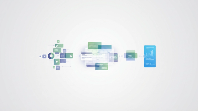 A modern abstract composition of overlapping geometric forms and subtle, connecting data streams, representing the organized tracking of assets and audit-ready data within a capital expense report.