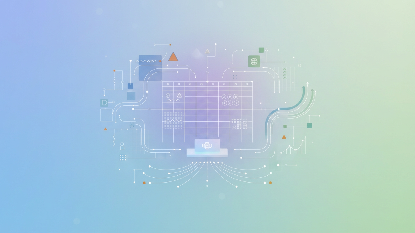 A modern abstract image with soft blue and green gradients showcases overlapping geometric forms and subtle connecting lines, representing the dynamic data structures for precise hydraulic calculations.