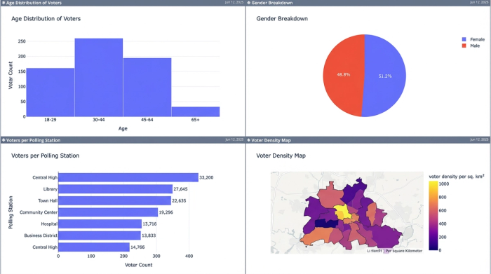 A clean dashboard with four charts: a histogram showing age distribution, a pie chart for gender, a bar chart for voters by location, and a geographic density map.