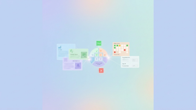 An abstract, modern graphic features soft-gradient geometric shapes representing various data sources, subtly connected by lines and organized around a central, structured panel for efficient month end reconciliation.