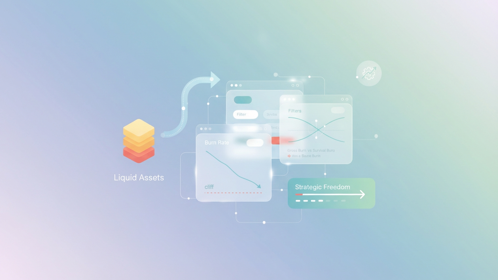 A minimalist abstract design shows interconnected geometric shapes in soft gradients, subtly indicating data flow and financial structure for a personal runway calculation.